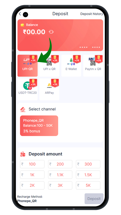 Bounty Game Deposit screen — payment methods and channel selection