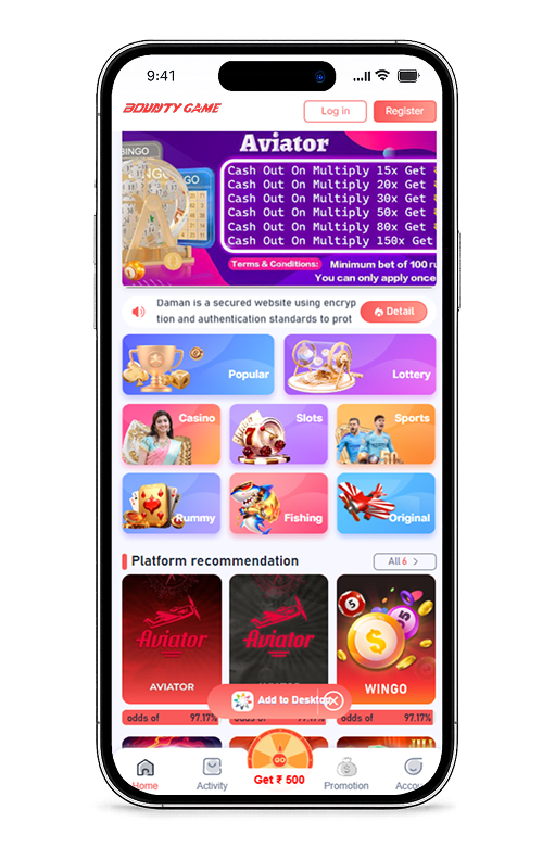 Bounty Game on a phone — home screen, categories, and Add to Desktop prompt