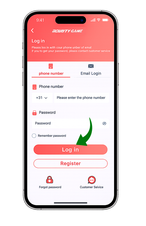 Bounty Game Log in screen — phone number, password, and Log in button