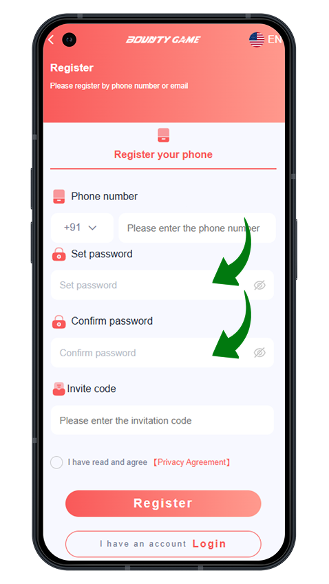 Bounty Game registration — set password and confirm password fields