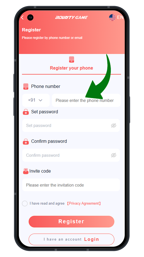 Bounty Game registration — country code and phone number field