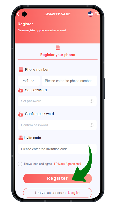 Bounty Game app — Register screen and Register button